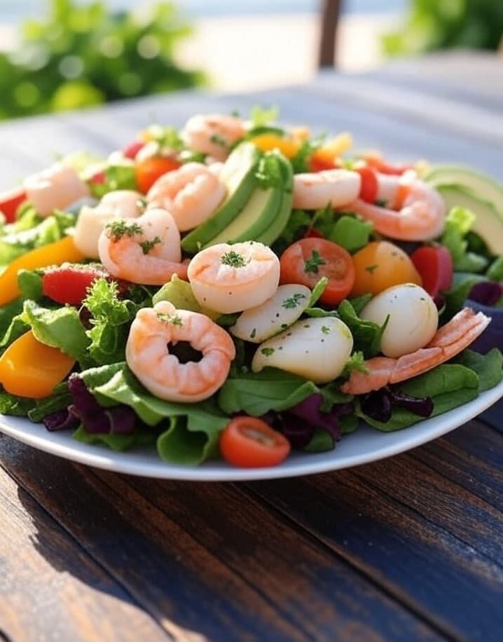 Ensalada completa mar y tierra con ingredientes frescos Ensalada mar y tierra con atún, pollo y lechuga