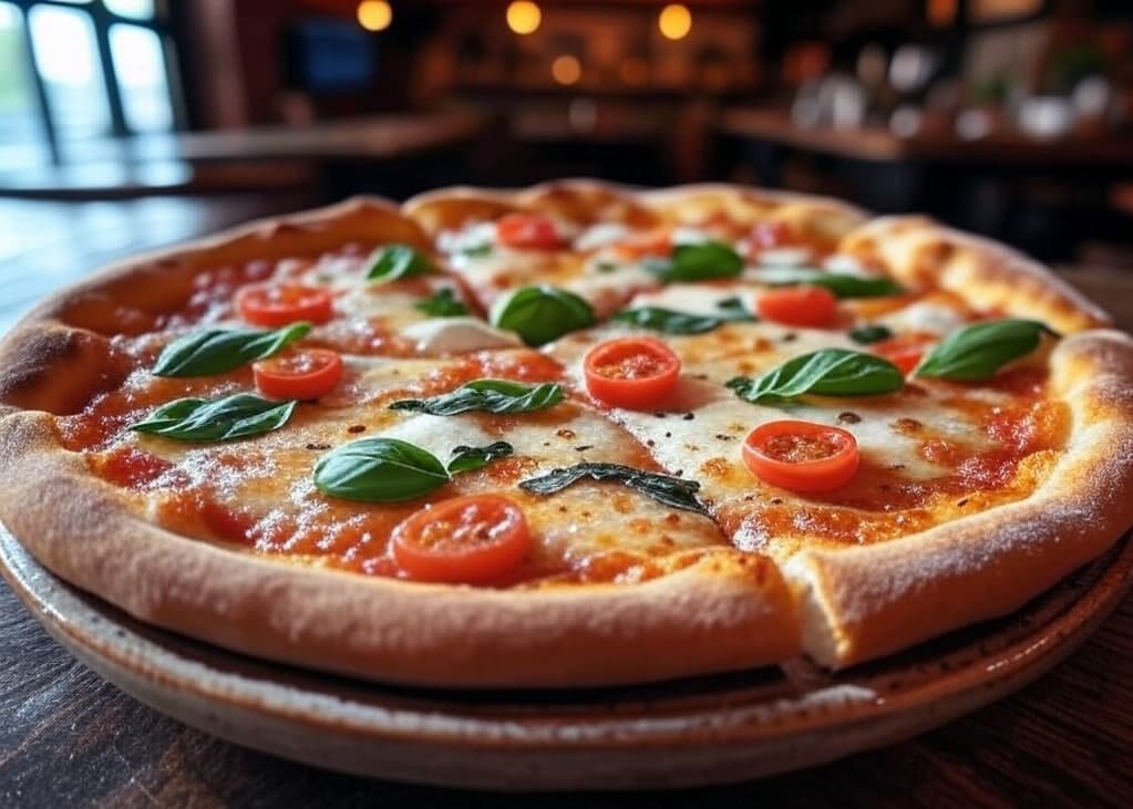La pizza más clásica y sencilla, al estilo napolitano Pizza margarita con tomate natural, mozzarella y albahaca