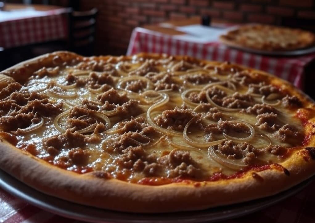 Una pizza sabrosa con atún y cebolla roja Pizza de atún y cebolla con base de tomate y queso