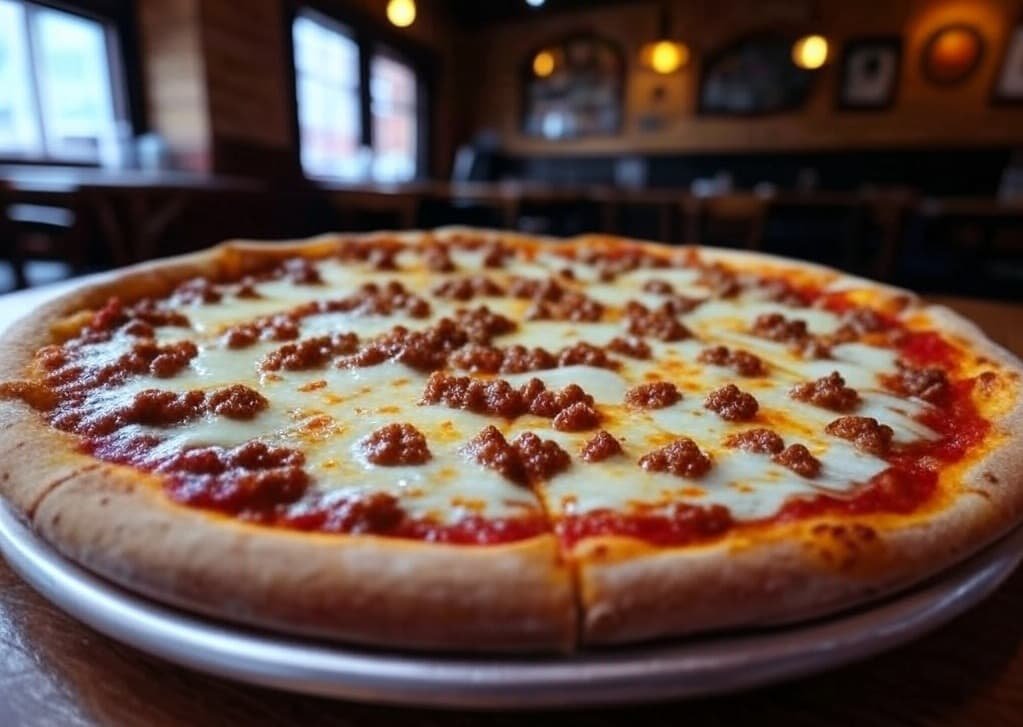 Pizza con carne al estilo boloñesa tradicional Pizza con salsa boloñesa y queso fundido