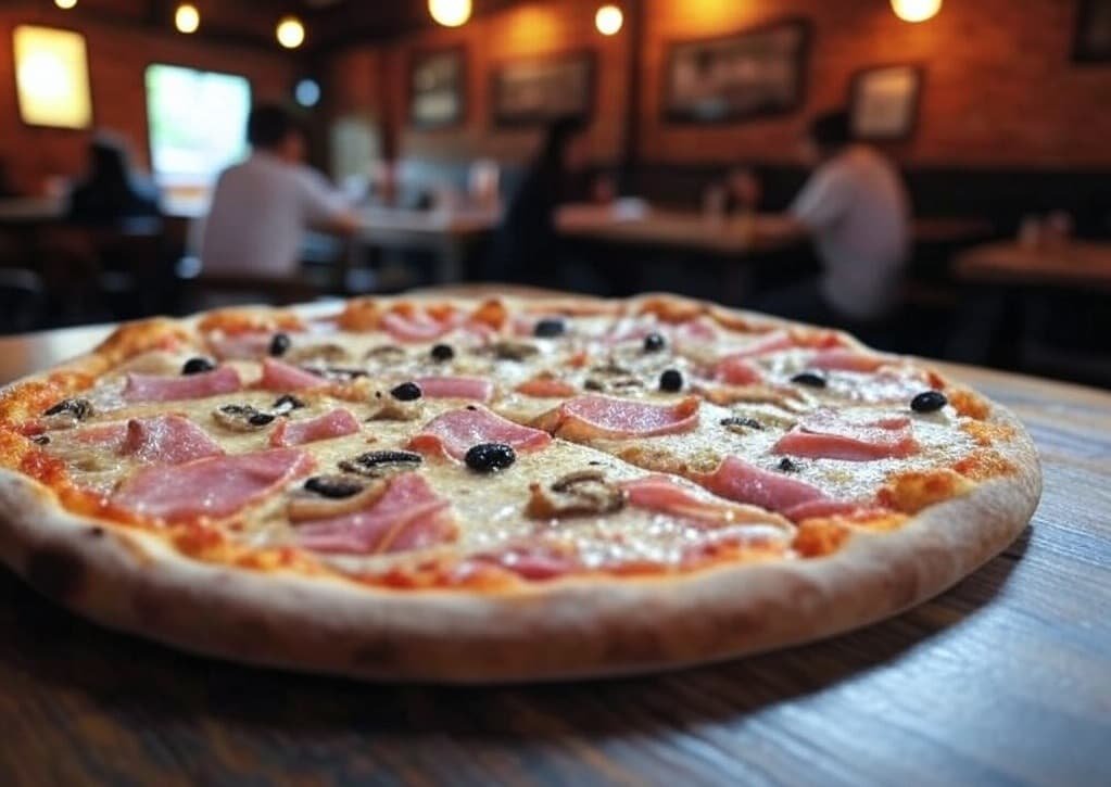 Pizza caprichosa con jamón, champiñones y alcachofas