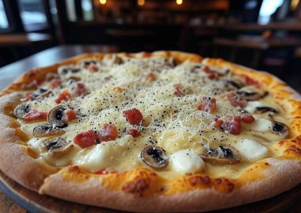 Pizza carbonara con nata, bacon y cebolla