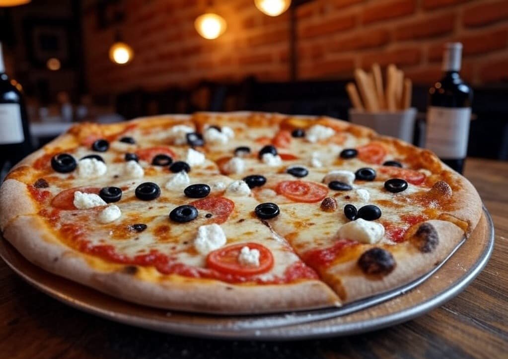 Pizza mediterránea con tomate seco, aceitunas y queso