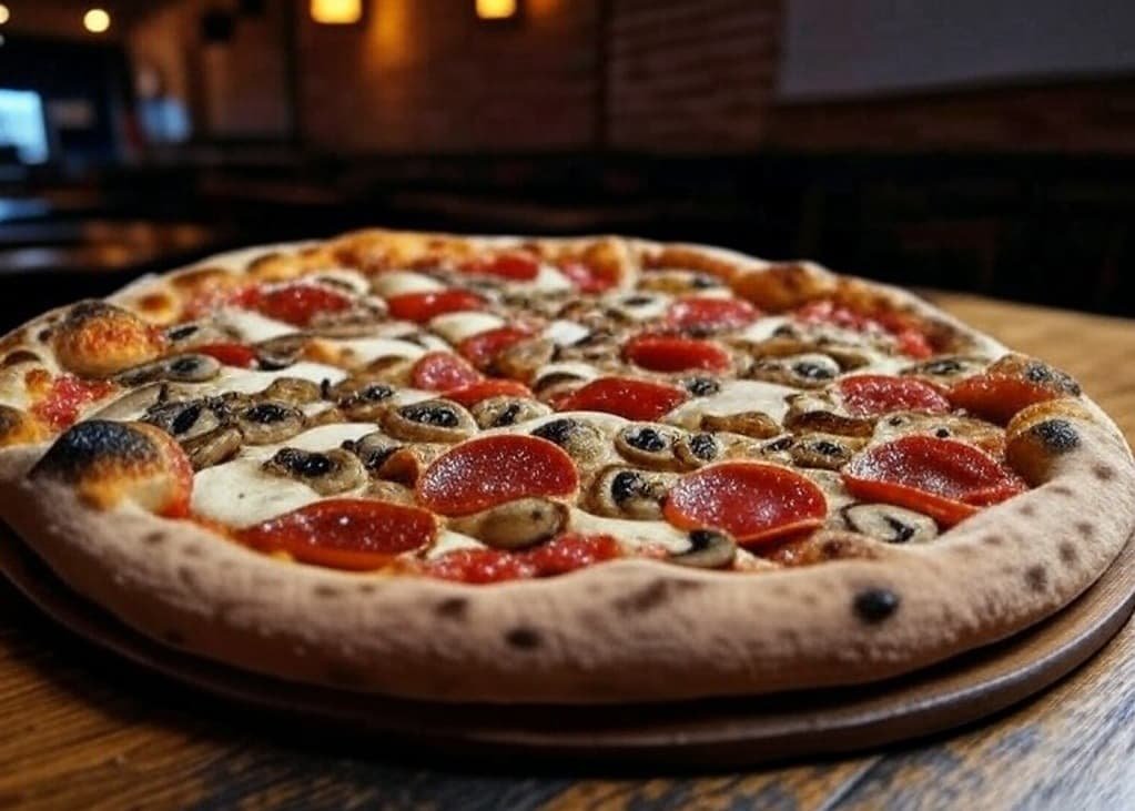 Estilo clásico italiano con ingredientes tradicionales Pizza romana con jamón, aceitunas y orégano