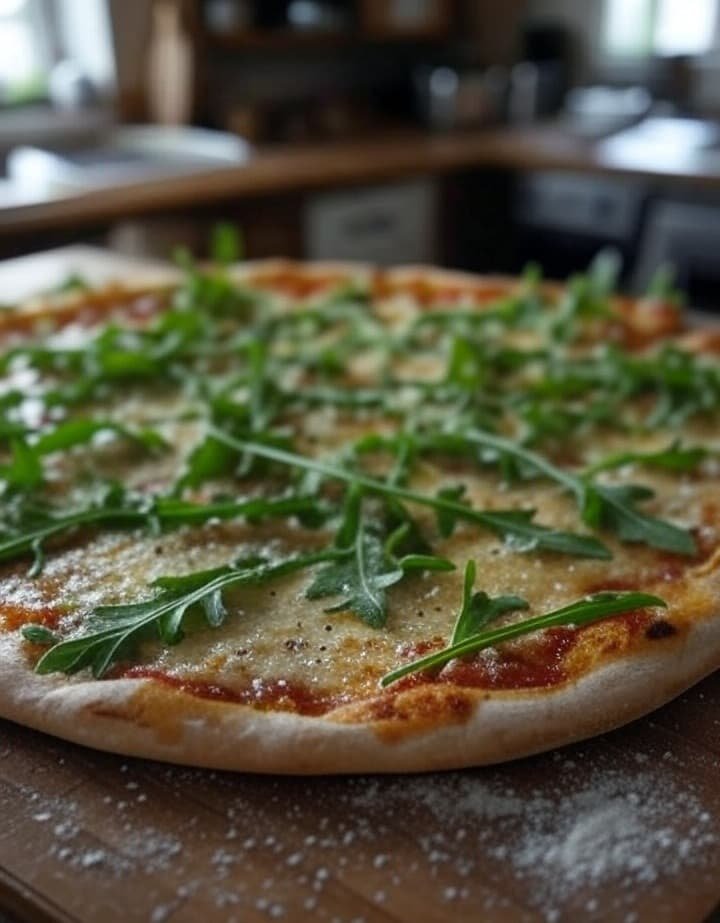 Pizza gourmet con rúcula y auténtico queso parmesano Pizza con rúcula fresca y lascas de parmesano