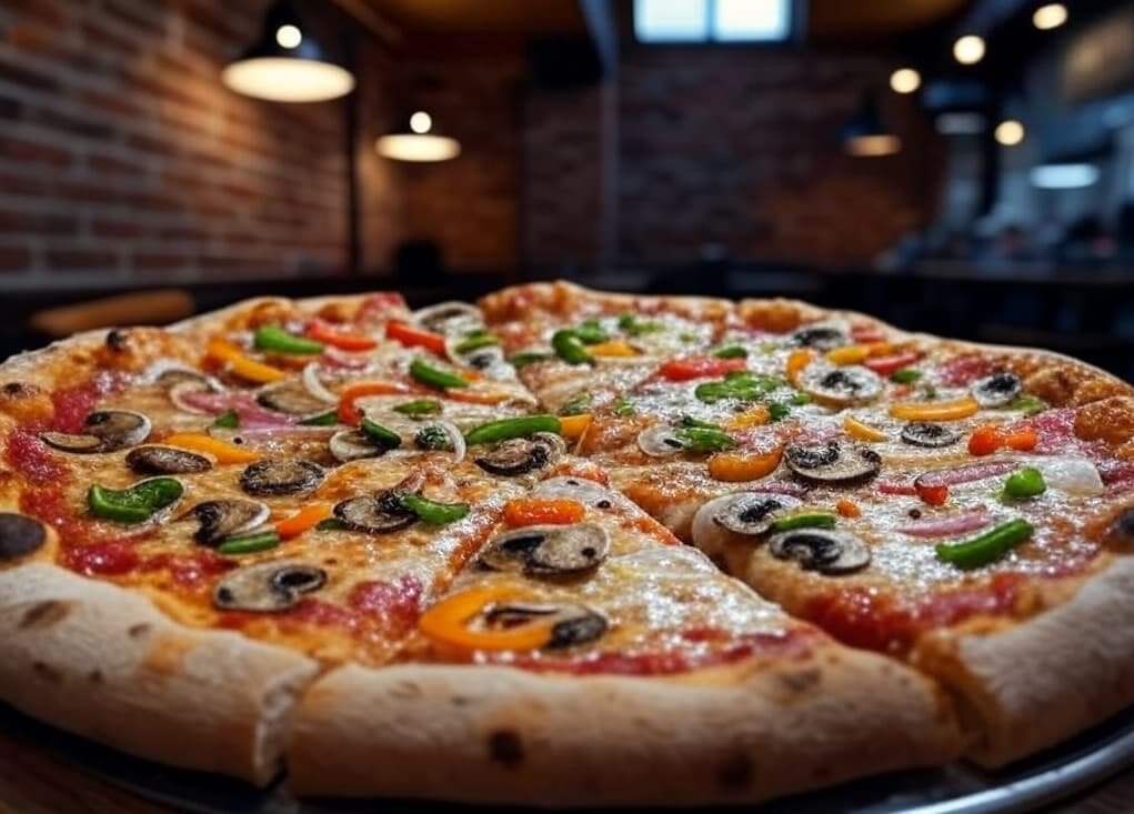 Pizza vegetariana con ingredientes frescos y saludables Pizza vegetal con pimientos, cebolla y champiñones